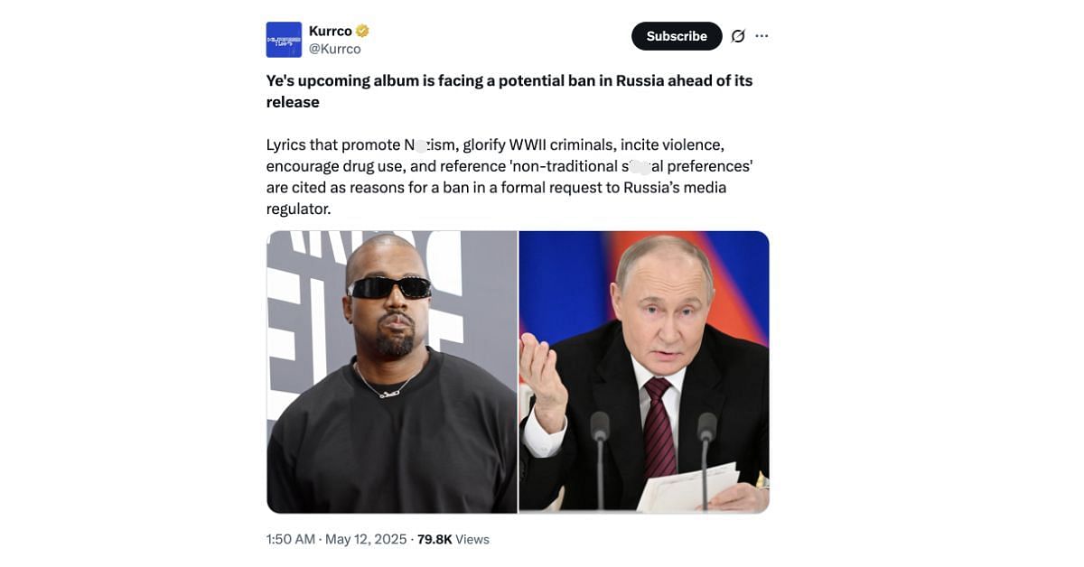 Kanye West's album is facing a ban in Russia (Screenshot via X/@Kurrco)